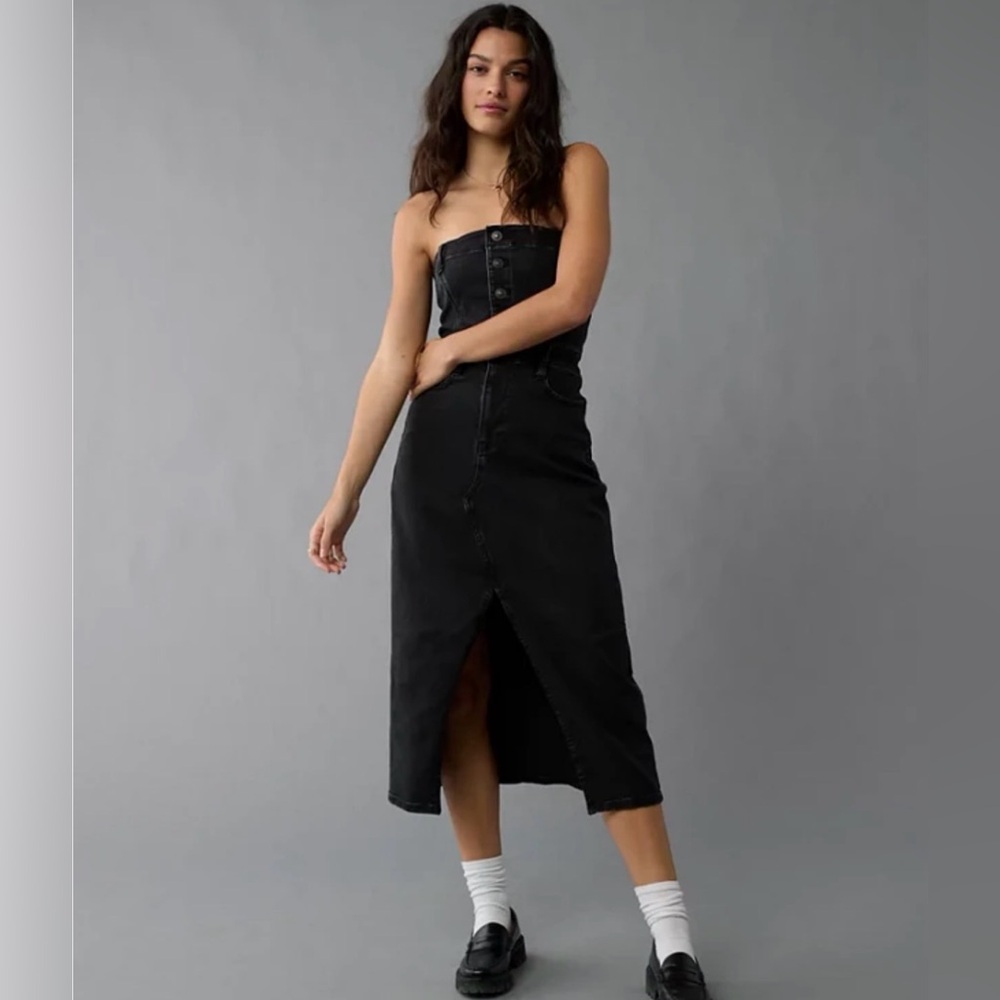American Eagle Outfitters Black Denim Strapless Dress 00 Festival Grunge